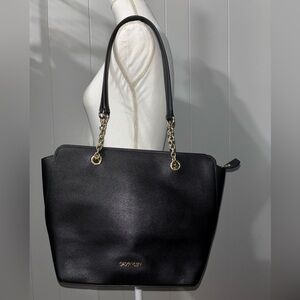 Calvin Klein Black and Gold Leather Tote with Chain Detail‎